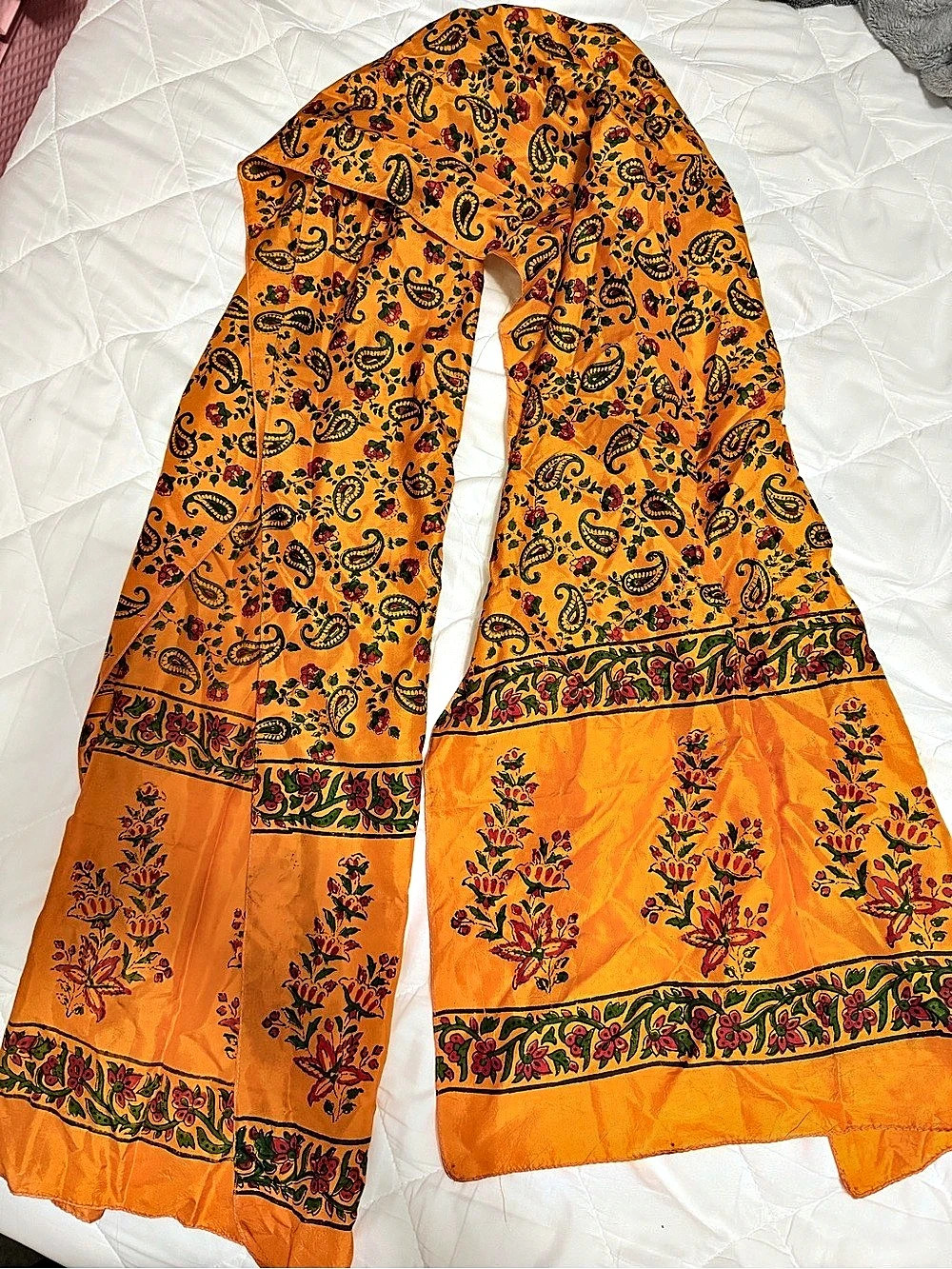100% Pure Thai Silk Scarf Orange Paisley Floral NWT Thailand